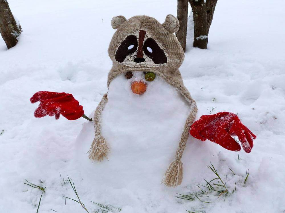 Snowman in a knitted hat and red mittens