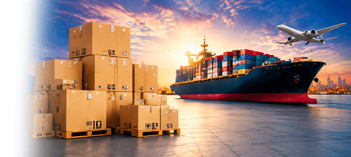 B2B international shipping — cargo boxes, container ship and aircraft