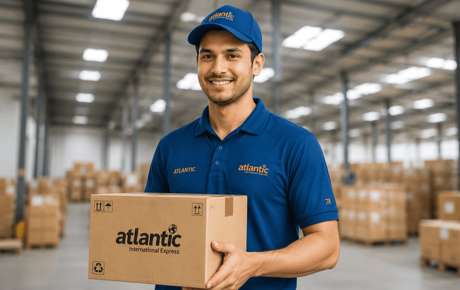 Atlantic corporate courier team member with a business parcel ready for dispatch