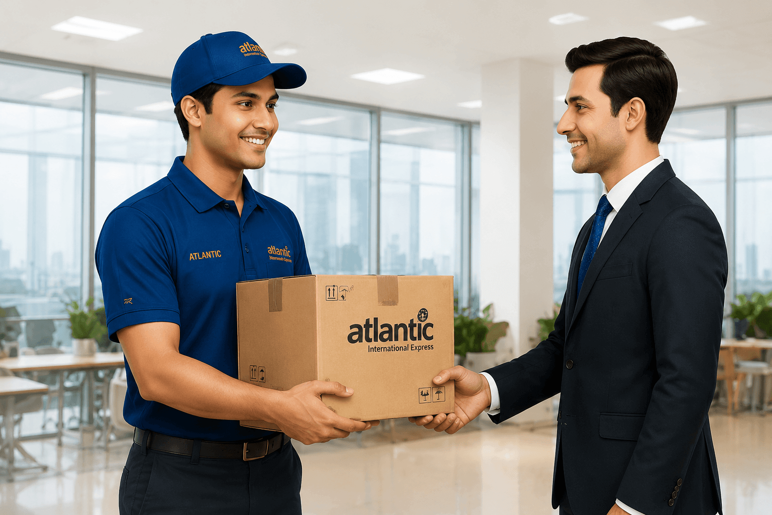 Atlantic executive handing over a corporate courier parcel to a business client