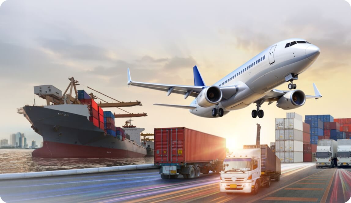 A cargo ship, airplane, and trucks transport shipping containers, representing global logistics and freight transportation.
