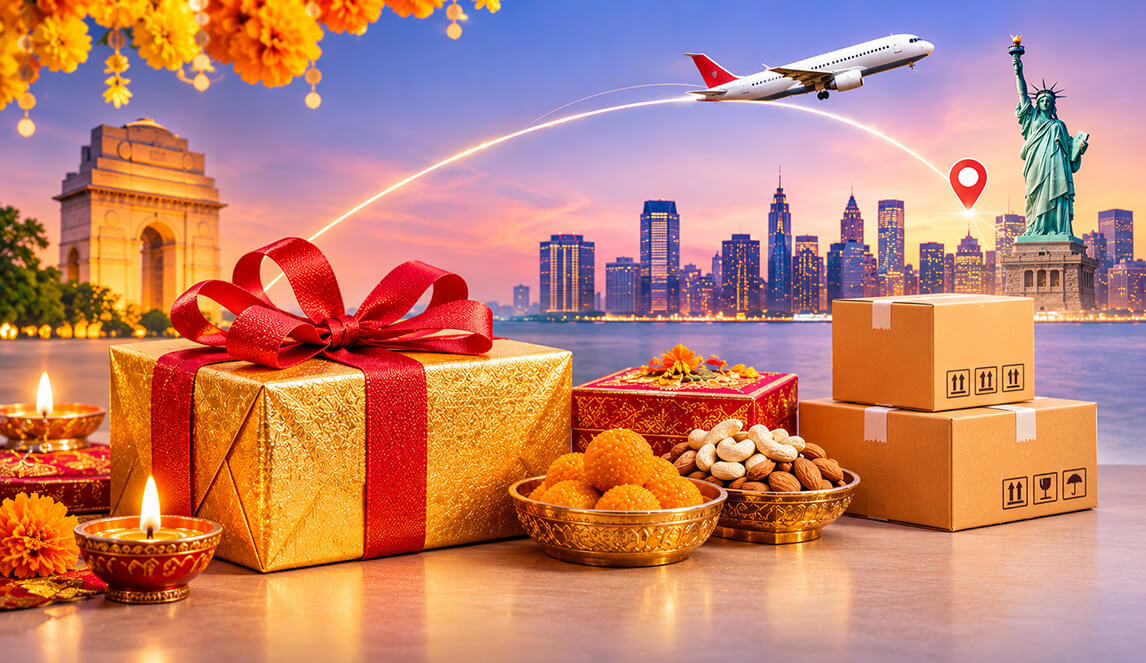 Which courier service is best for sending Diwali gifts from India to the USA with door-to-door delivery?