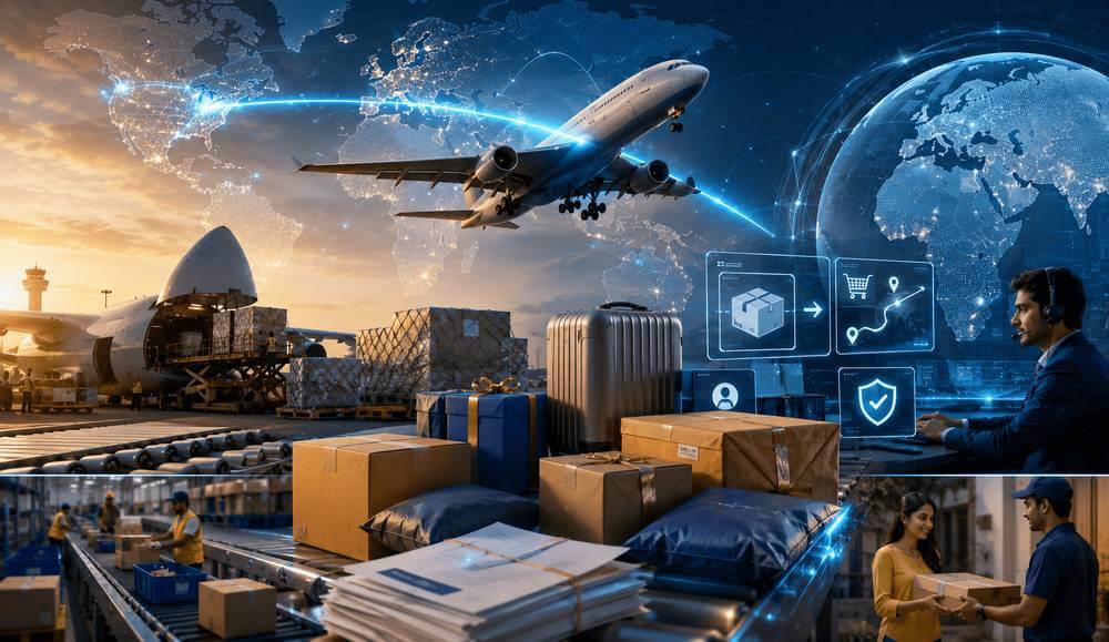 NRI customer in the USA sending a parcel to India using an international courier service with tracking and door-to-door delivery.