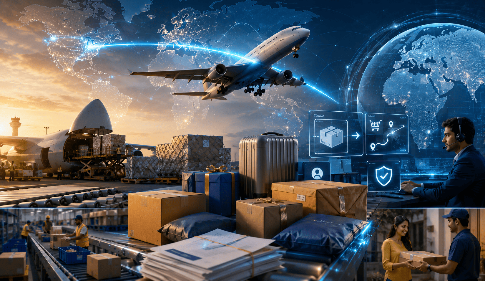 NRI customer in the USA sending a parcel to India using an international courier service with tracking and door-to-door delivery.