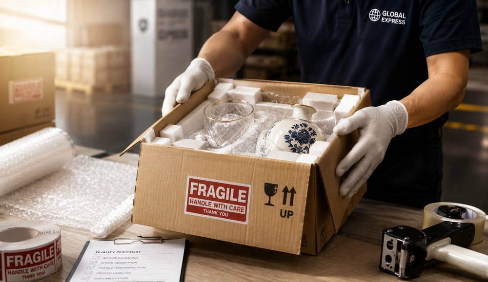 Large heavy parcel prepared securely for international courier delivery with reinforced packaging.