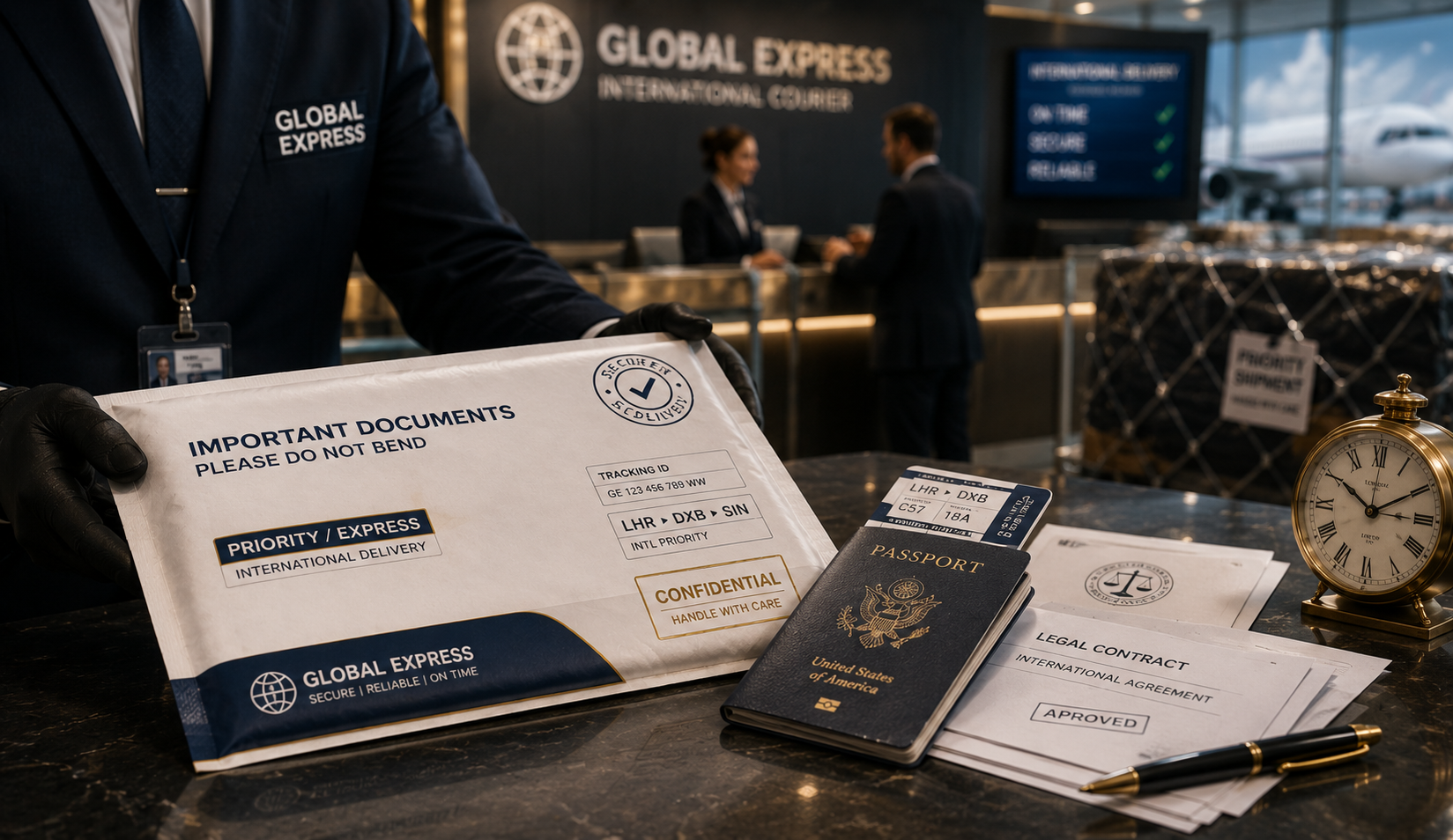 International document courier envelope prepared for secure overseas delivery and express shipping.