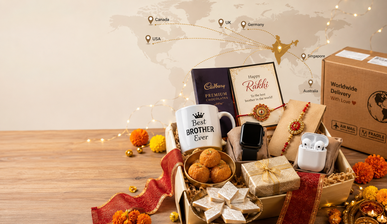 Rakhi gift hamper with sweets, chocolates, and personalized gifts being shipped internationally to a brother living abroad.