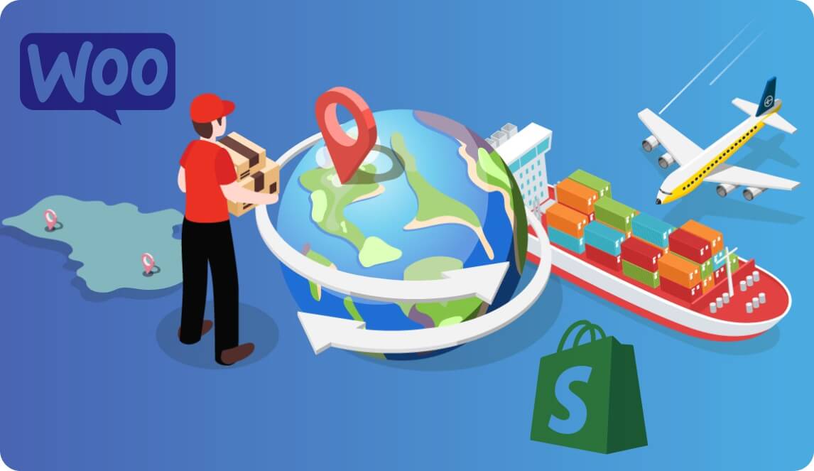 An illustration shows a delivery person in a red uniform holding a package near a globe with a map pin. A plane and a cargo ship in the background represent global shipping, adjacent to WooCommerce and Shopify logos.
