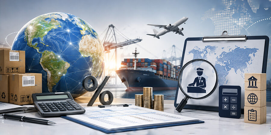 Customs officer calculating import duty and customs tax for an international shipment entering India.