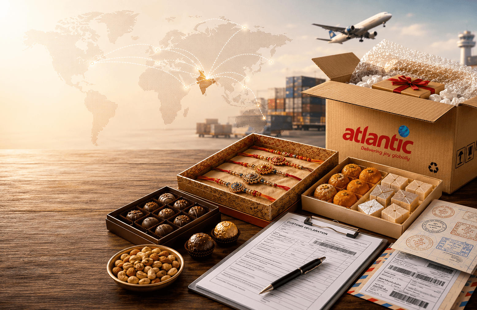 International Rakhi and sweets shipment prepared with customs documentation for overseas delivery.