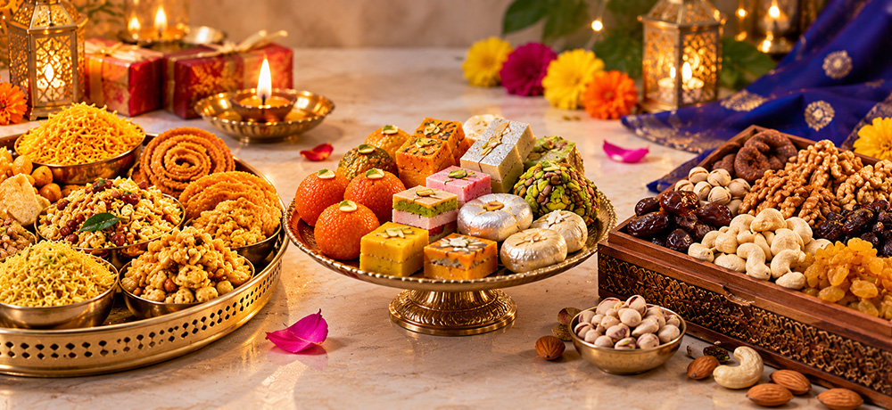 Diwali faral, Indian sweets and dry fruits arranged for sending abroad.