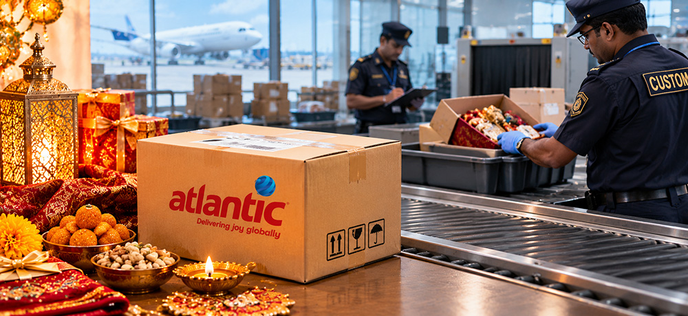 Diwali sweets and gifts parcel being checked at customs before international delivery from India.