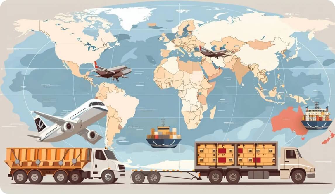 Global logistics illustrated with planes, ships, and trucks moving goods across a world map.