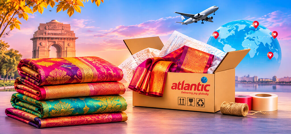 Indian saree and ethnic wear packed in a protective parcel for international courier shipping.