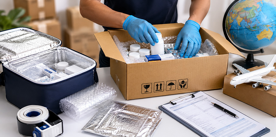 Medicines being packed safely with bubble wrap and cushioning in a sturdy box for international shipping.