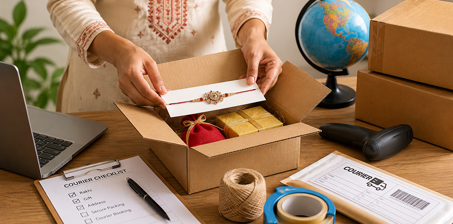 Rakhi gift package prepared for international courier delivery from India with tracking and customs documentation.