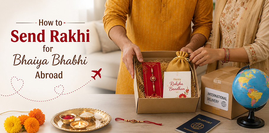 Beautiful Bhaiya Bhabhi Rakhi set with Lumba Rakhi packed for international courier delivery from India.