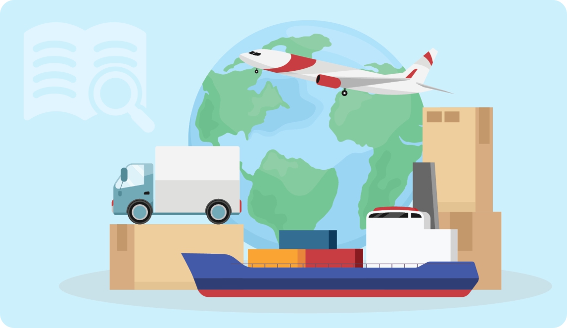 Truck, plane, and ship surrounded by packed boxes with a globe in the background, representing global shipping and logistics