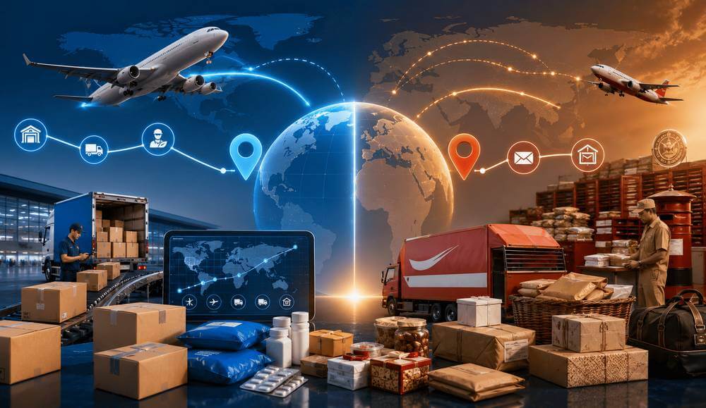 Visual comparison between professional international courier services and traditional post office for shipping parcels from India.