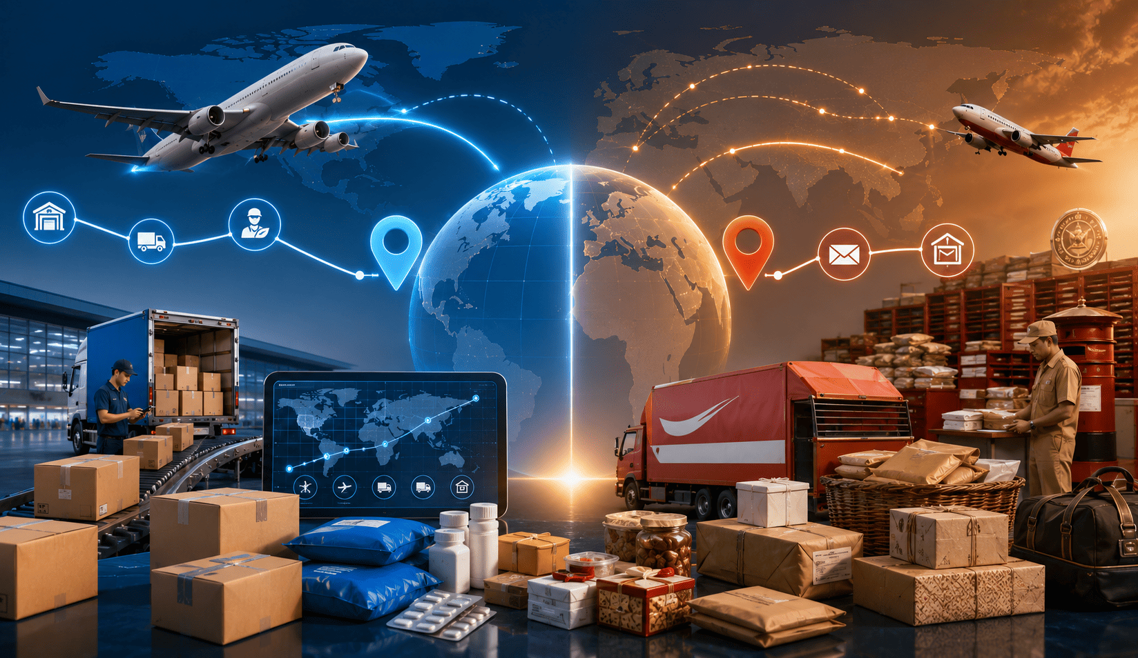 Visual comparison between professional international courier services and traditional post office for shipping parcels from India.