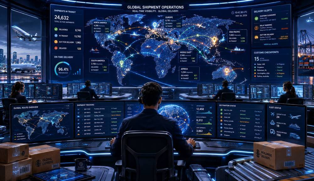 Business team managing international parcel delivery shipments for customers across multiple countries.