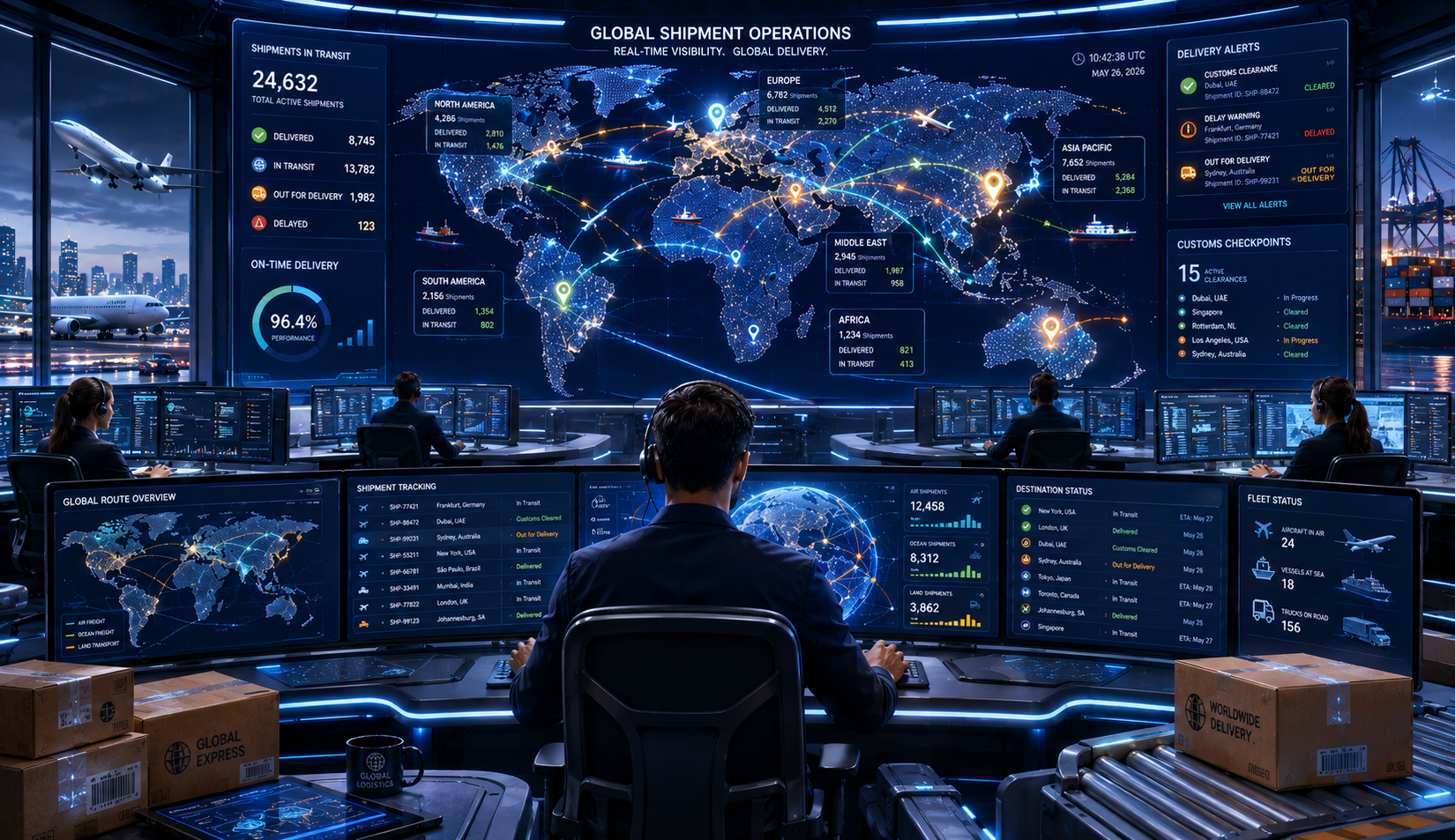 Business team managing international parcel delivery shipments for customers across multiple countries.