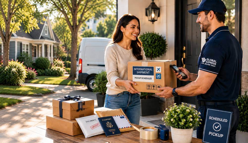 International courier pickup service collecting parcels from a customer’s doorstep in the United States for overseas shipping.