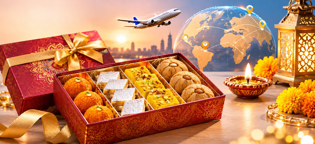 Traditional Indian Diwali sweets, including kaju katli, soan papdi, and besan laddu, prepared for international shipping.