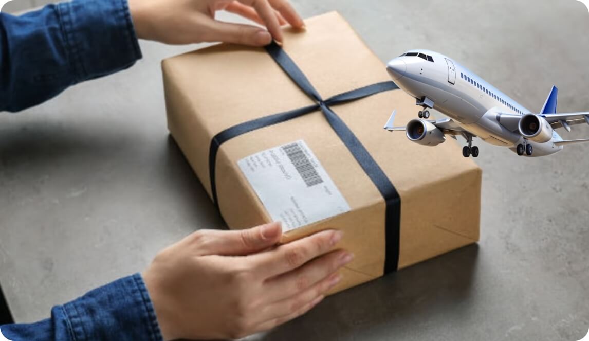 Hands demonstrating secure packaging for an international shipment, with an airplane graphic.