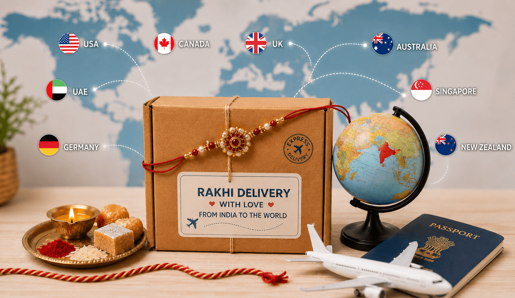 International Rakhi delivery parcel being shipped from India to countries including the USA, Canada, UK, Australia, and UAE.