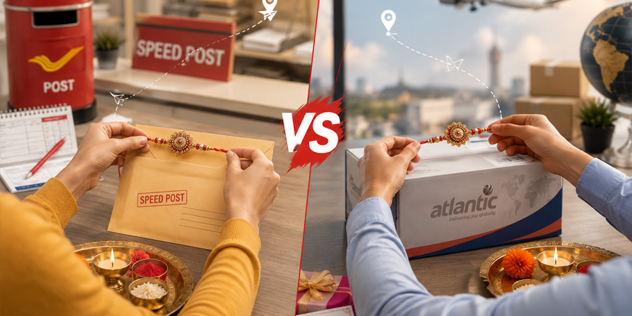 Comparison of Speed Post and international courier for sending Rakhi abroad.