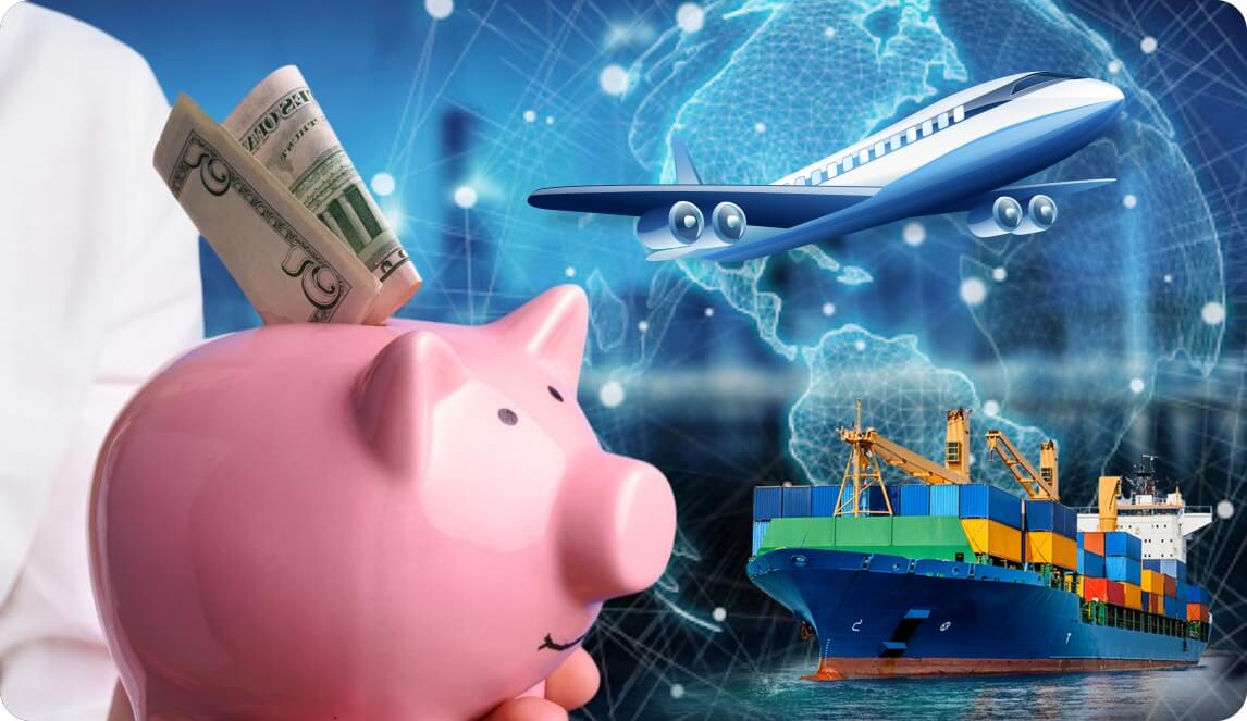 Illustration of a container ship and airplane navigating across a digital world map, representing global trade, alongside a pink piggy bank filled with cash, symbolizing savings.