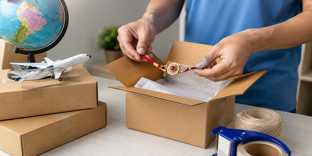 Rakhi gift hamper packed for international courier delivery to a cousin brother living abroad