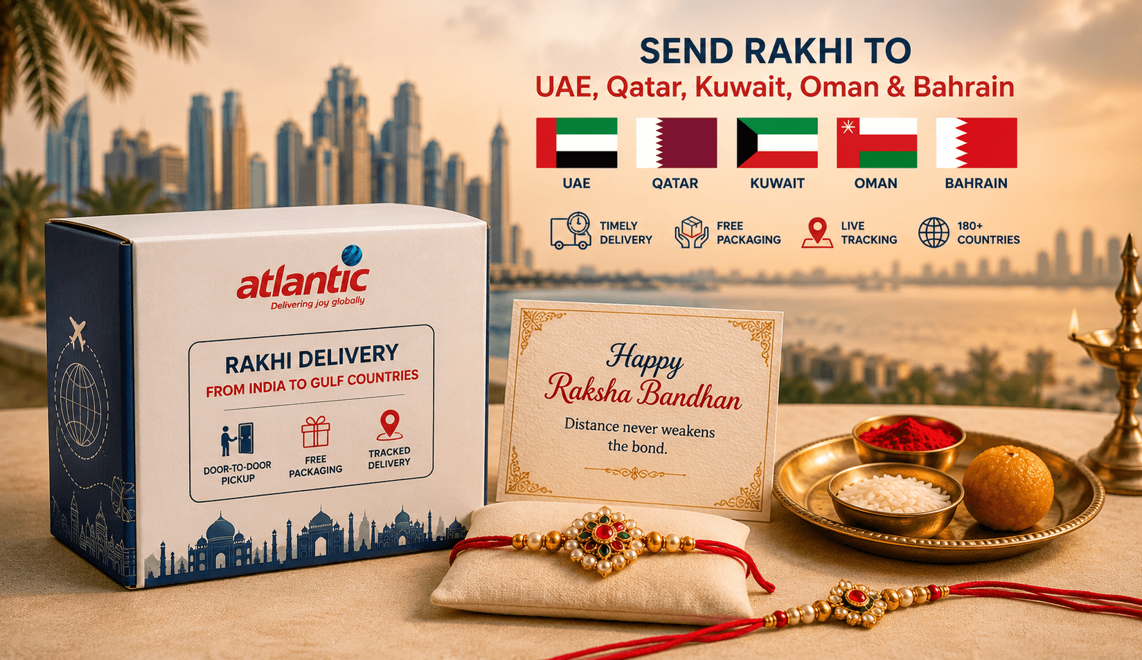 Sending rakhi to Gulf countries  UAE, Qatar, Kuwait, Oman, and Bahrain  from India with Atlantic International Express.