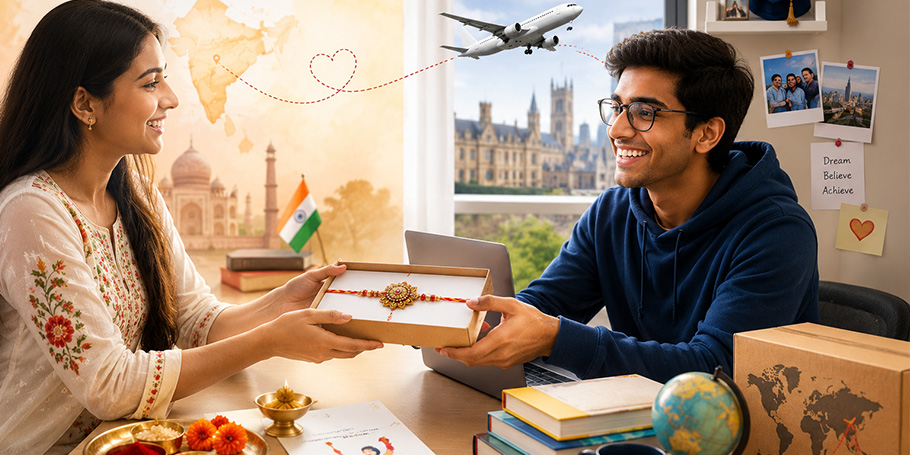 A Rakhi gift package was prepared for international delivery to an Indian student studying abroad.