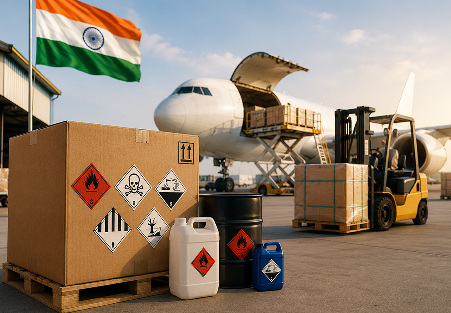 Dangerous goods shipping from India with DG packaging, labels, and international air cargo documentation.