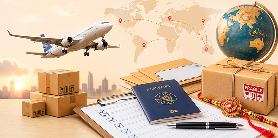Customer preparing international courier documents and a Rakhi parcel for overseas delivery.