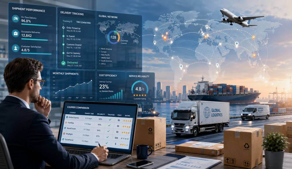 Business owner comparing international parcel delivery services and courier shipping options for global business shipments.