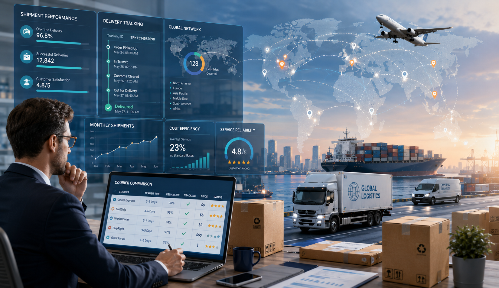 Business owner comparing international parcel delivery services and courier shipping options for global business shipments.