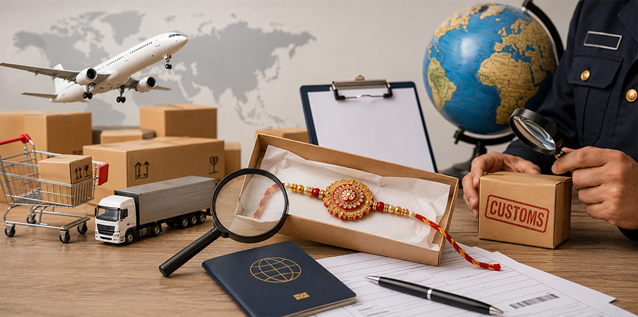 International Rakhi parcel being inspected during customs clearance before overseas delivery.